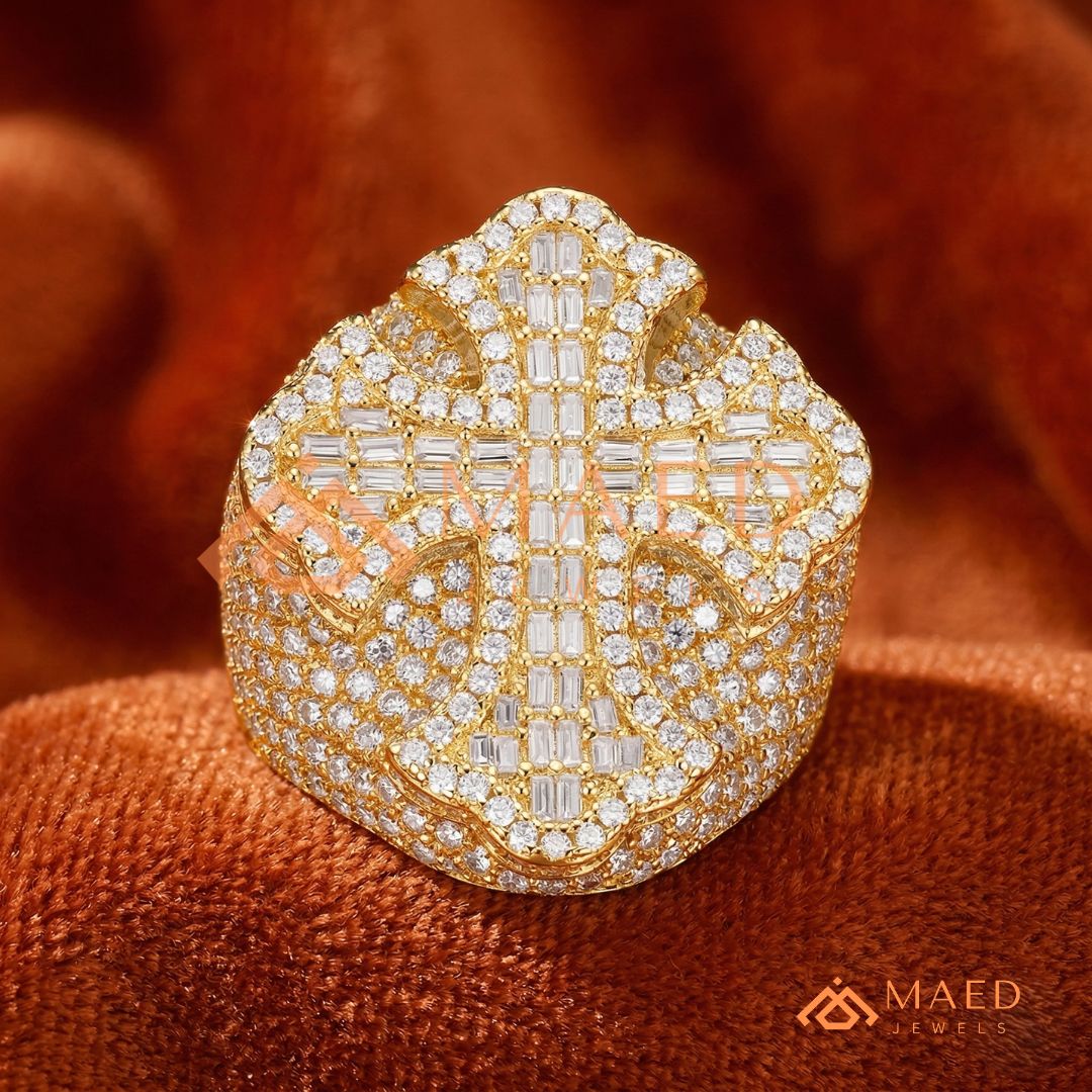 Men's Iced-Out 3D Cross Statement Ring | Silver, 14K Gold & Rose Gold