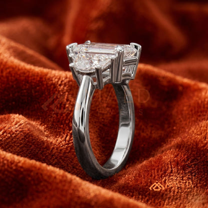 Emerald Cut Three Stone Engagement Ring | Half Moon Side Stones in 14K Gold & Silver