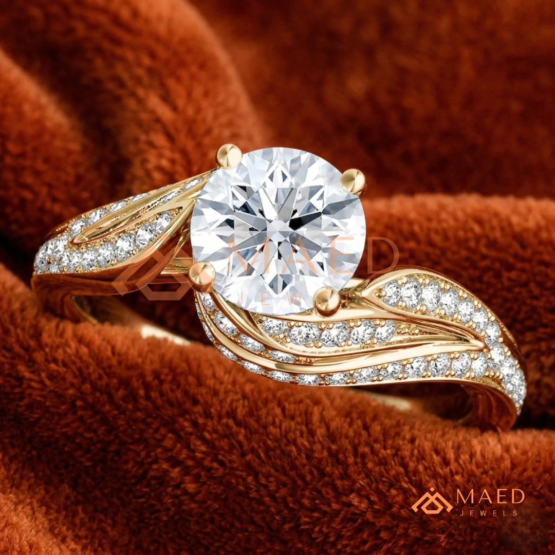 Vintage Bypass Round Cut Engagement Ring with Swirl Pavé Band