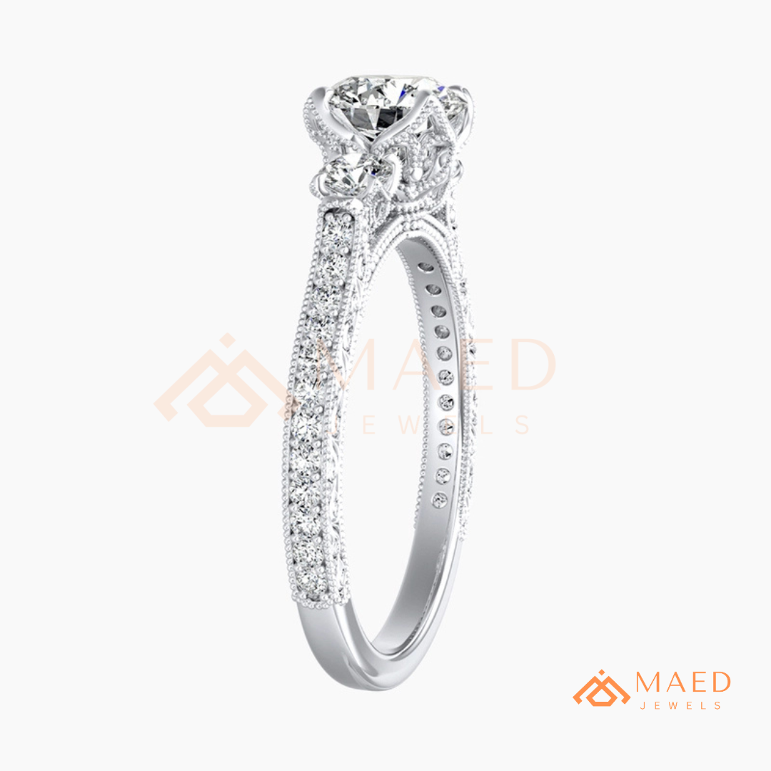 Vintage 3-Stone Round Engagement Ring in 14K Gold, Rose Gold & Silver | Antique Milgrain Pave Moissanite Ring for Women