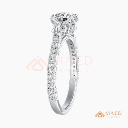 Vintage 3-Stone Round Engagement Ring in 14K Gold, Rose Gold & Silver | Antique Milgrain Pave Moissanite Ring for Women
