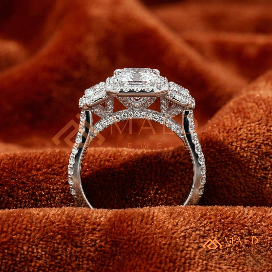 Three-Stone Emerald Cut Halo Engagement Ring | Triple Row Pave Band in 14K Gold & Silver