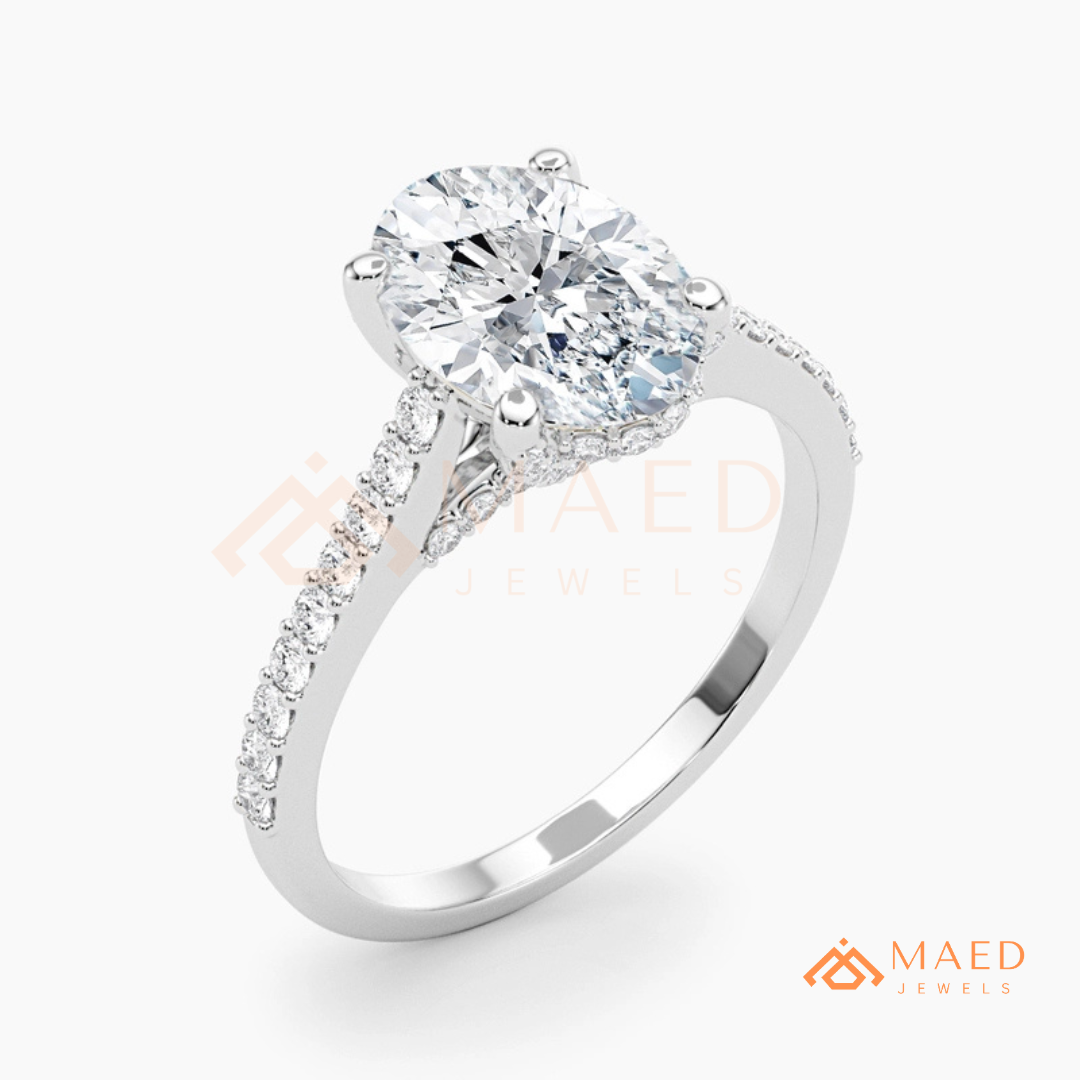 Oval Cut Engagement Ring with Pavé Diamond Band in 14K Gold, Rose Gold & Silver