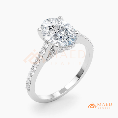 Oval Cut Engagement Ring with Pavé Diamond Band in 14K Gold, Rose Gold & Silver
