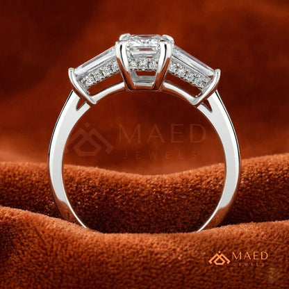 Emerald Cut Three-Stone Engagement Ring with Tapered Baguettes in Silver, 14K Gold, & 14K Rose Gold