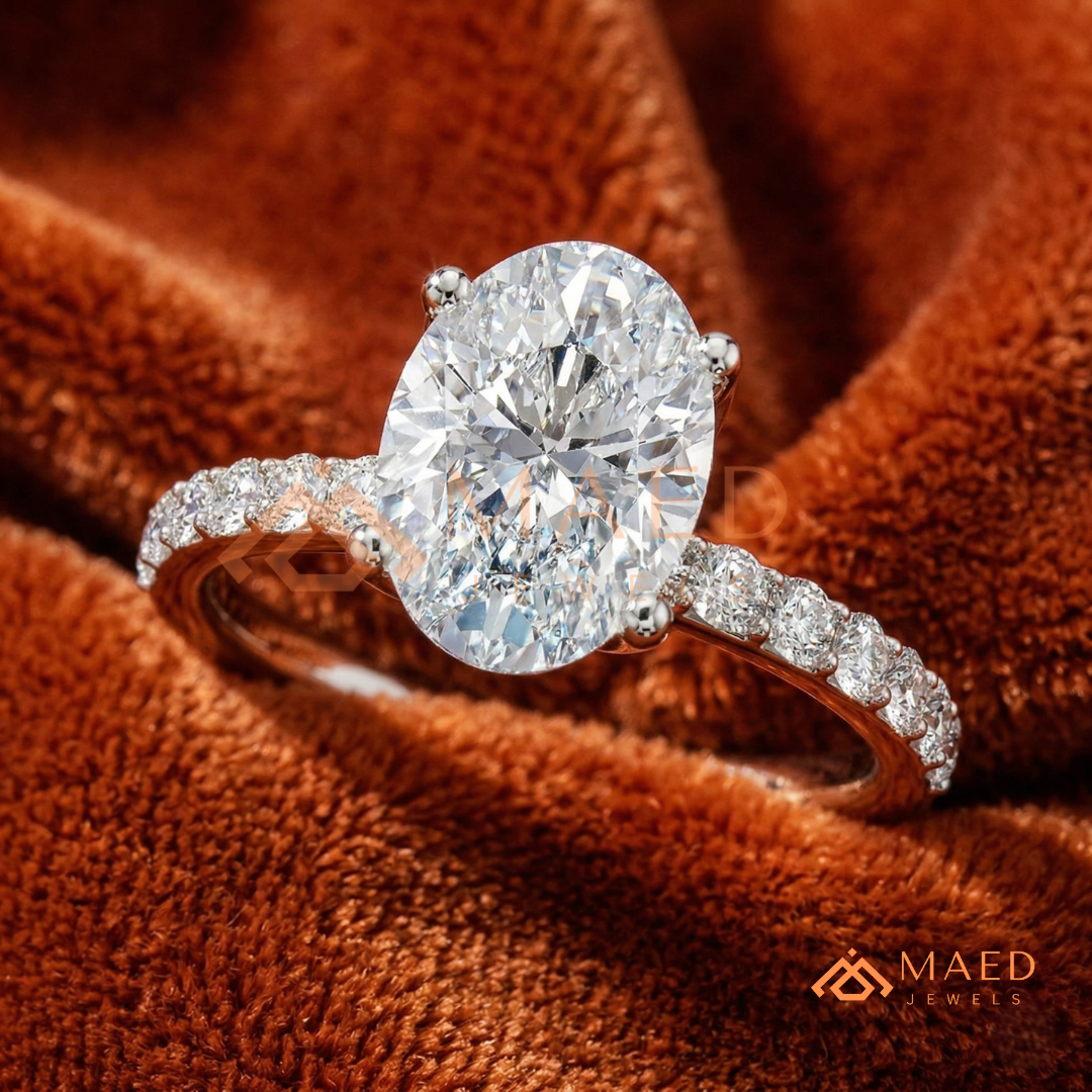 Oval Cut Engagement Ring with Pavé Band | Classic 4-Prong Promise Ring for Women | 14K Gold, Rose Gold & Sterling Silver