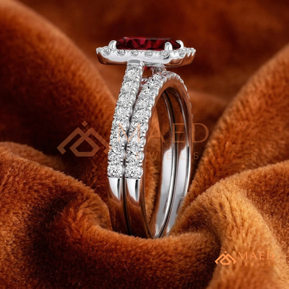 Vintage Emerald Cut Garnet Engagement Ring Set – Pavé Diamond Halo Band