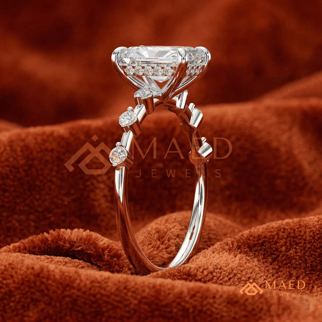 Radiant Cut Moissanite Engagement Ring in Sterling Silver, 14K Gold & Rose Gold | Art Deco Bezel-Set Accent Band