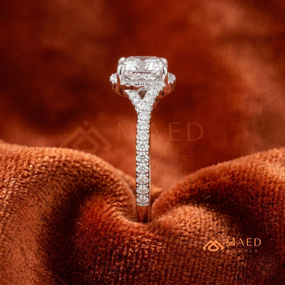 Cushion Cut Moissanite Bypass Halo Engagement Ring in Sterling Silver, 14K White Gold & Rose Gold | Criss Cross Diamond Simulant Wedding Ring