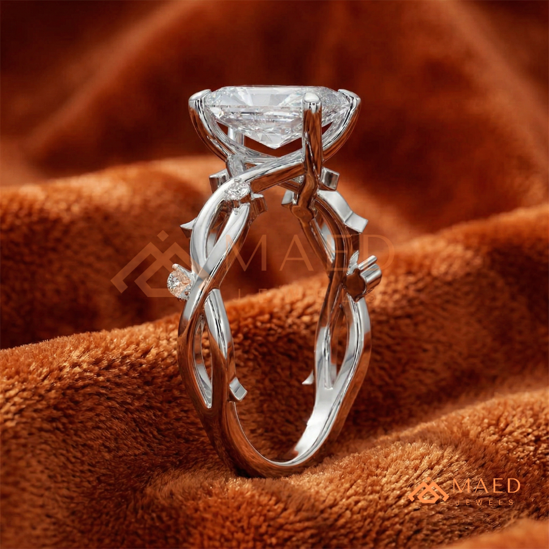 Enchanted Vine Radiant Cut Ring | Nature-Inspired Branch Wedding Band | 14K Gold, Rose Gold & Sterling Silver