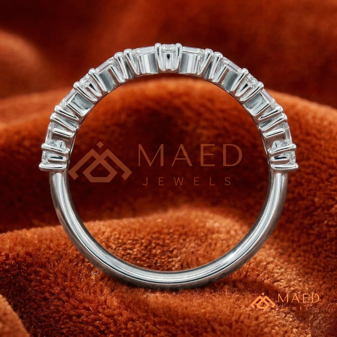 Angled Baguette & Round Cut Chevron Wedding Band | Crown Moissanite Tiara Ring in Silver, 14K Gold, & Rose Gold