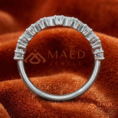 Angled Baguette & Round Cut Chevron Wedding Band | Crown Moissanite Tiara Ring in Silver, 14K Gold, & Rose Gold