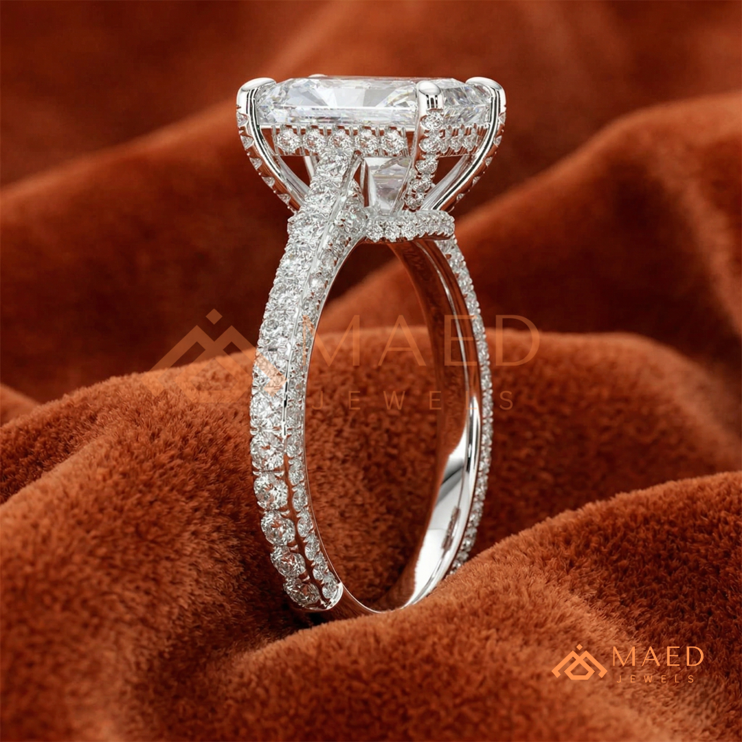 Radiant Cut Engagement Ring with Three-Row Pavé Band | 14k Gold, Rose Gold & Silver