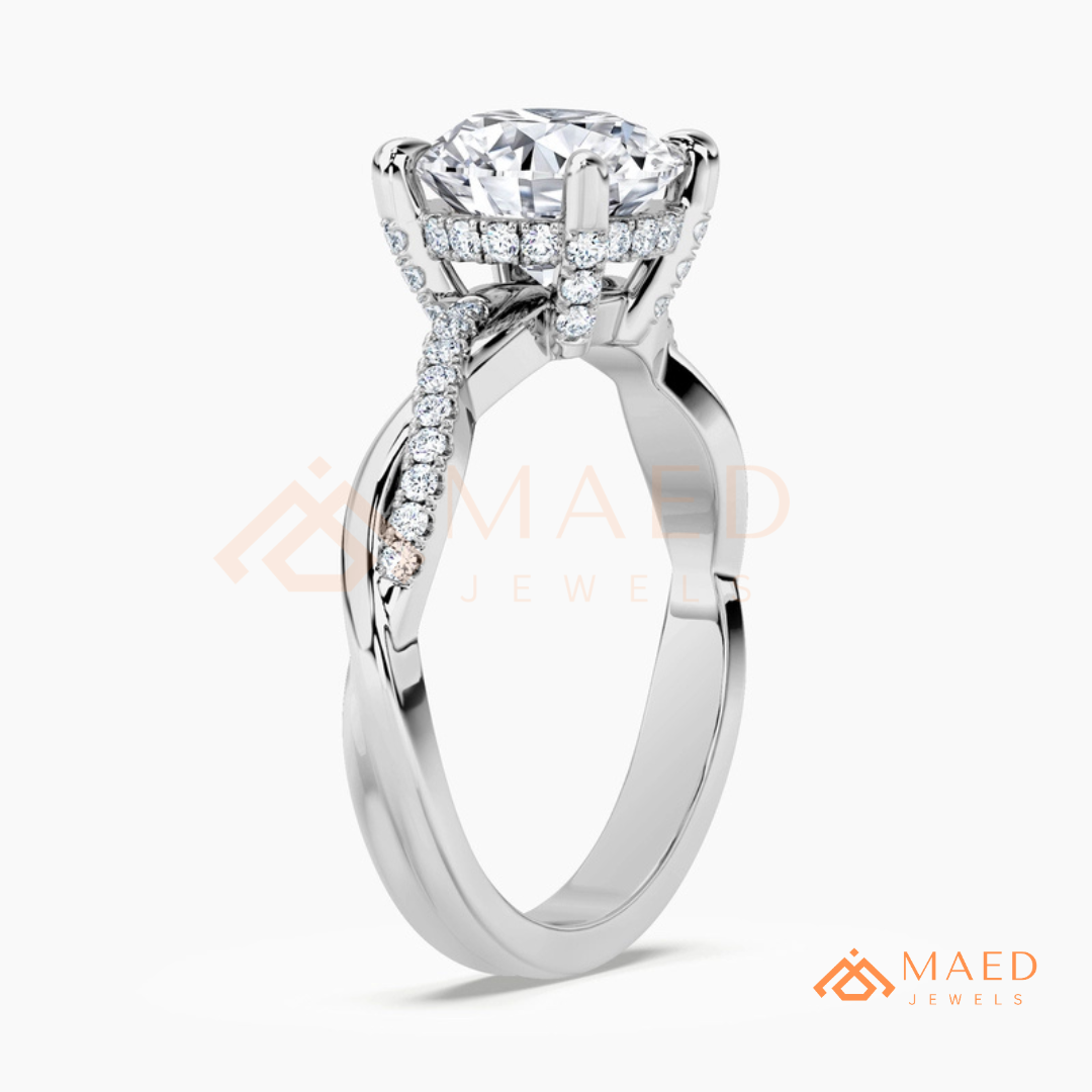 Round Cut Engagement Ring with Twisted Pavé Band in Silver, 14K Gold, & 14K Rose Gold