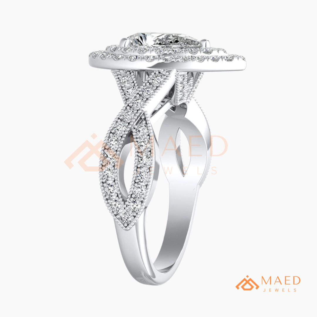 Double Halo Pear Cut Engagement Ring with Twisted Pave Band