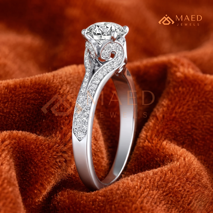 Round Brilliant Cut Split Shank Cathedral Engagement Ring in 14K Gold, Rose Gold & Silver | Vintage-Inspired Pave Accent Ring for Women