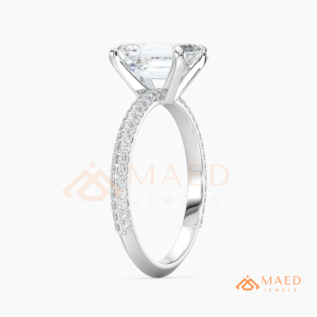 Emerald Cut Engagement Ring with Multi-Row Pavé Band in Silver, 14K Gold, & 14K Rose Gold