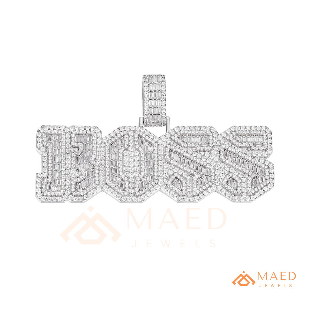 Custom Iced Out "BOSS" Letter Pendant Necklace in 14K Gold, Rose Gold & Sterling Silver
