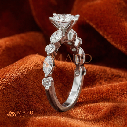 Round Cut Engagement Ring with Marquise Accents in Sterling Silver, 14K Gold & 14K Rose Gold