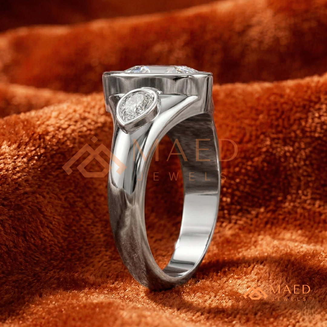 Modern Three-Stone Pear Shaped Bezel Engagement Ring in Silver, 14K Gold & Rose Gold
