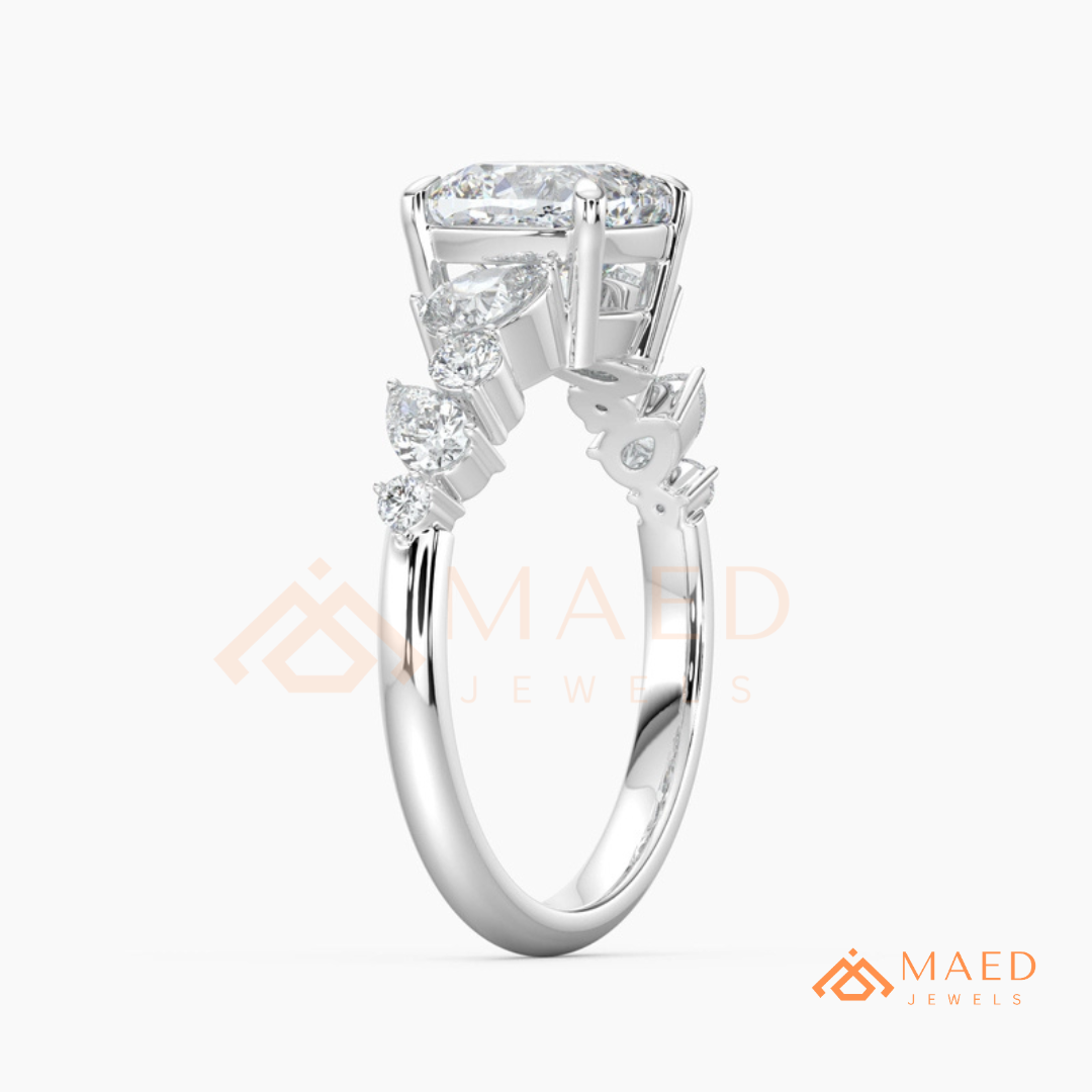 Cushion Cut Engagement Ring with Pear Accent Band in Silver, 14K Gold, & 14K Rose Gold