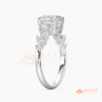 Cushion Cut Engagement Ring with Pear Accent Band in Silver, 14K Gold, & 14K Rose Gold