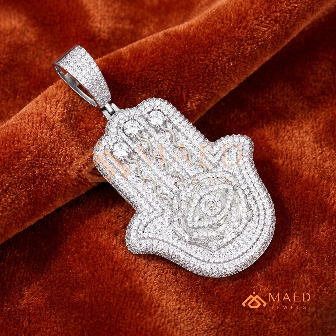 Iced Out Hamsa & Evil Eye Protective Pendant – Symbolic Statement Medallion