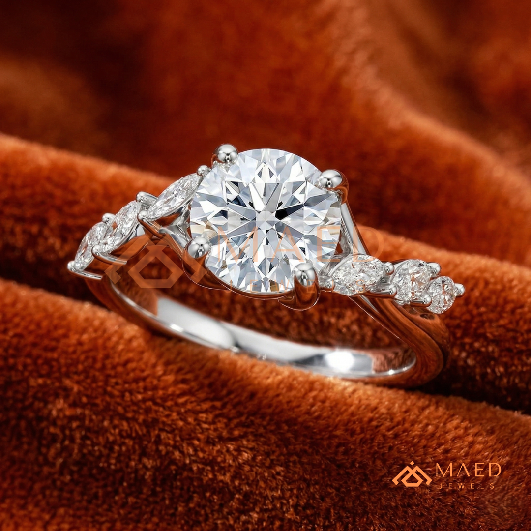 Marquise Leaf Clustered Vine Engagement Ring in 14K Gold, Rose Gold & Silver