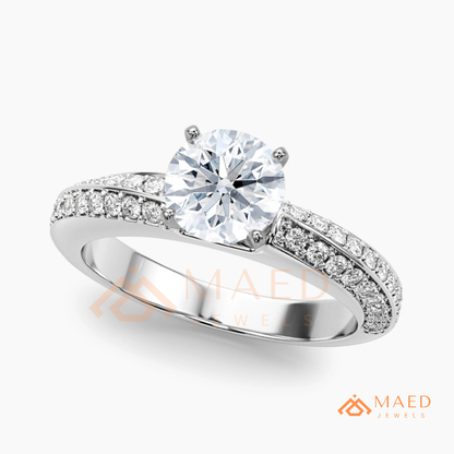 Round Brilliant Cut Ring with Double Row Pavé Band | 14k Gold, Rose Gold & Silver