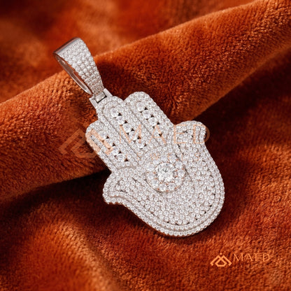 Iced-Out Hamsa Hand Pendant – Micro-Pave Diamond Finish in Silver, 14k Gold, 14k Rose Gold