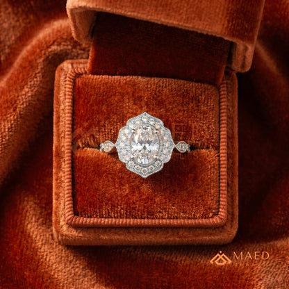 Vintage Oval Cut Art Deco Halo Engagement Ring | Milgrain Band in 14k Gold & Silver