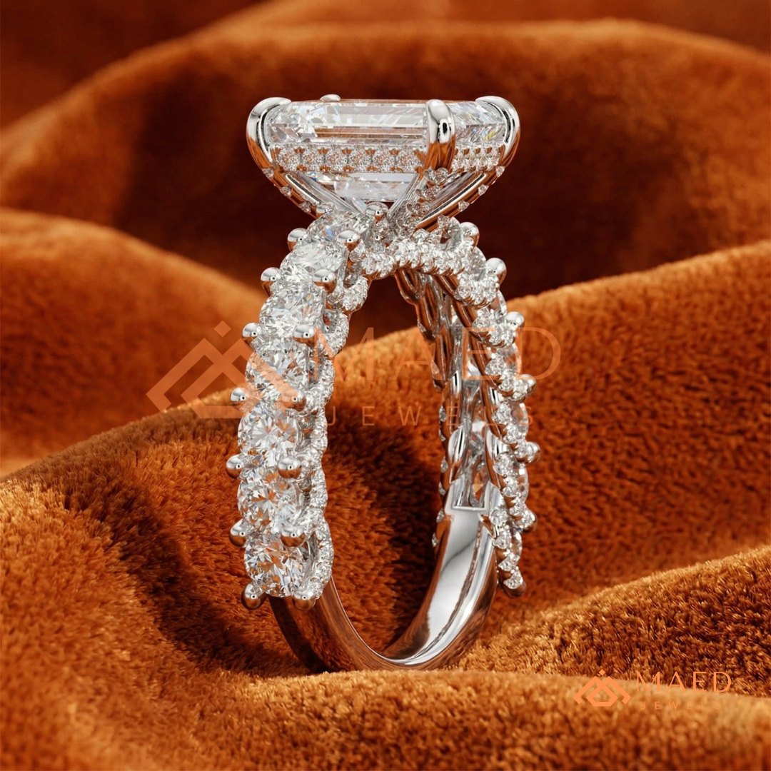 Emerald Cut Engagement Ring with Large Round Accent Band in Silver, 14K Gold, & 14K Rose Gold