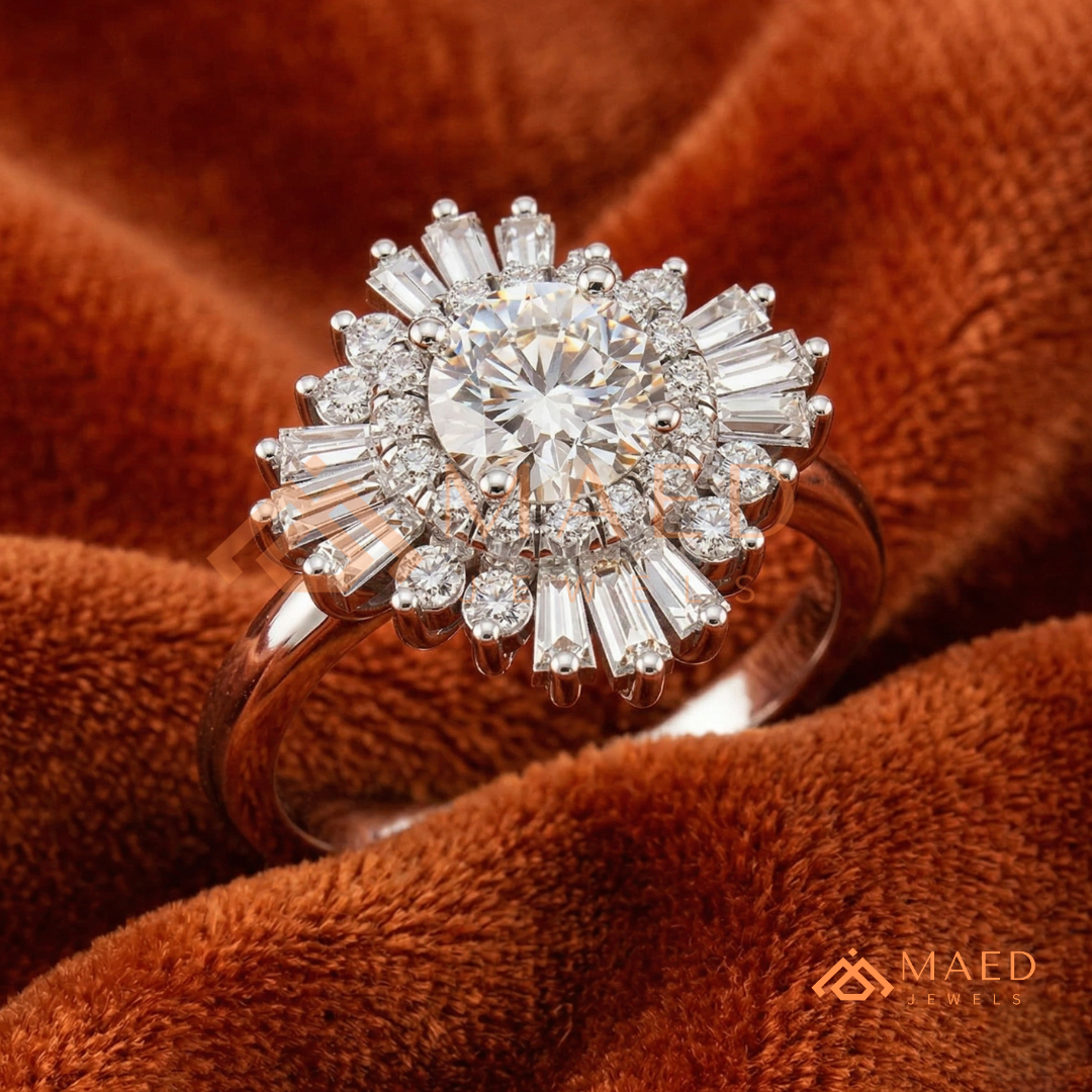 Vintage Art Deco Starburst Halo Ring in Sterling Silver, 14k Gold, or 14k Rose Gold