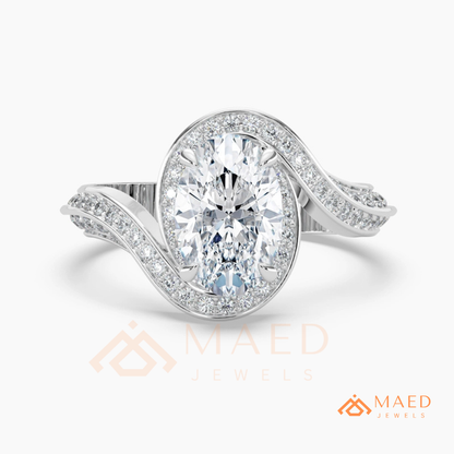 Oval Cut Bypass Halo Engagement Ring | Swirl Pavé Band in 14k Gold, Rose Gold & Silver