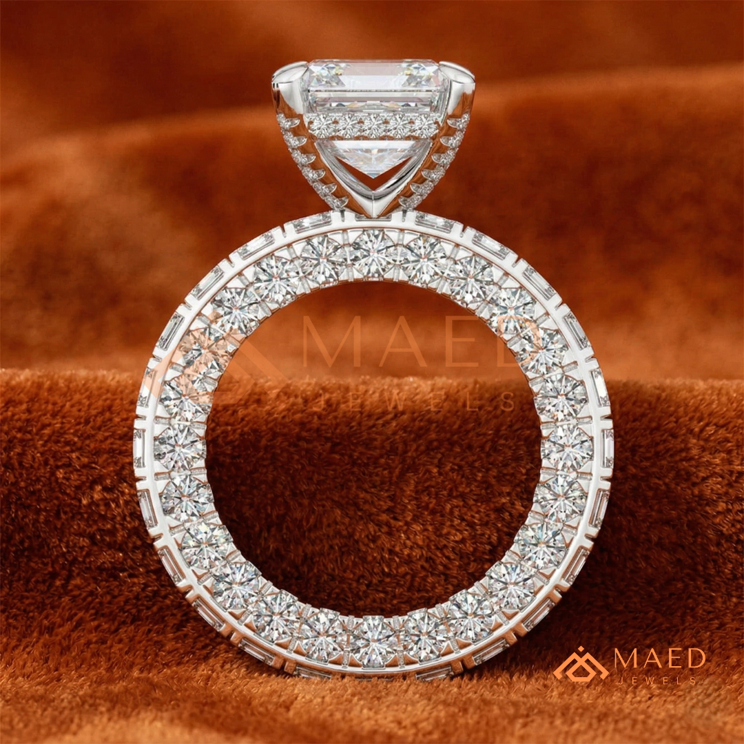 Classic Asscher Cut Solitaire Engagement Ring with Eternity Band Shank in Silver, 14K Gold & Rose Gold