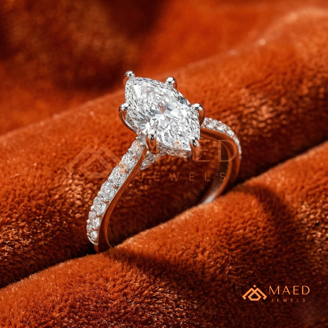 Vintage Marquise Cut Pavé Engagement Ring in Gold, Rose Gold  & Silver