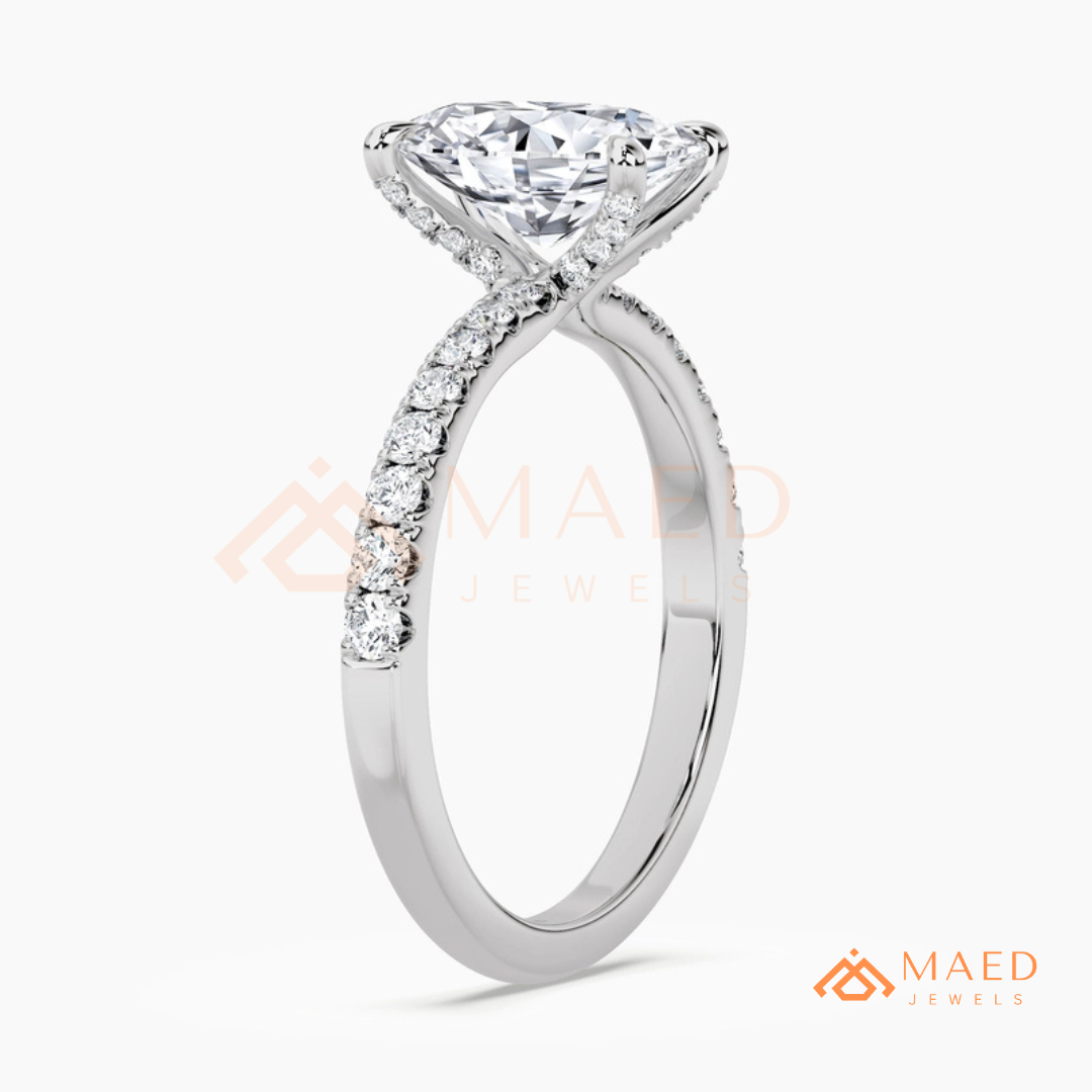 Oval Cut Engagement Ring with Pavé Band in Silver, 14K Gold, & 14K Rose Gold