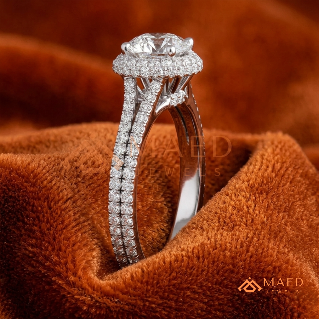 Round-Cut Halo Engagement Ring with Split-Shank Pavé Band