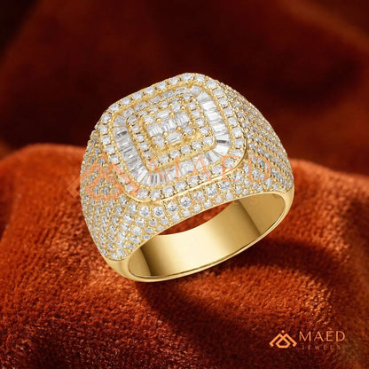 Heavy Multi-Row Baguette & Round Cluster Statement Ring – 14K Gold Wide Pinky Band