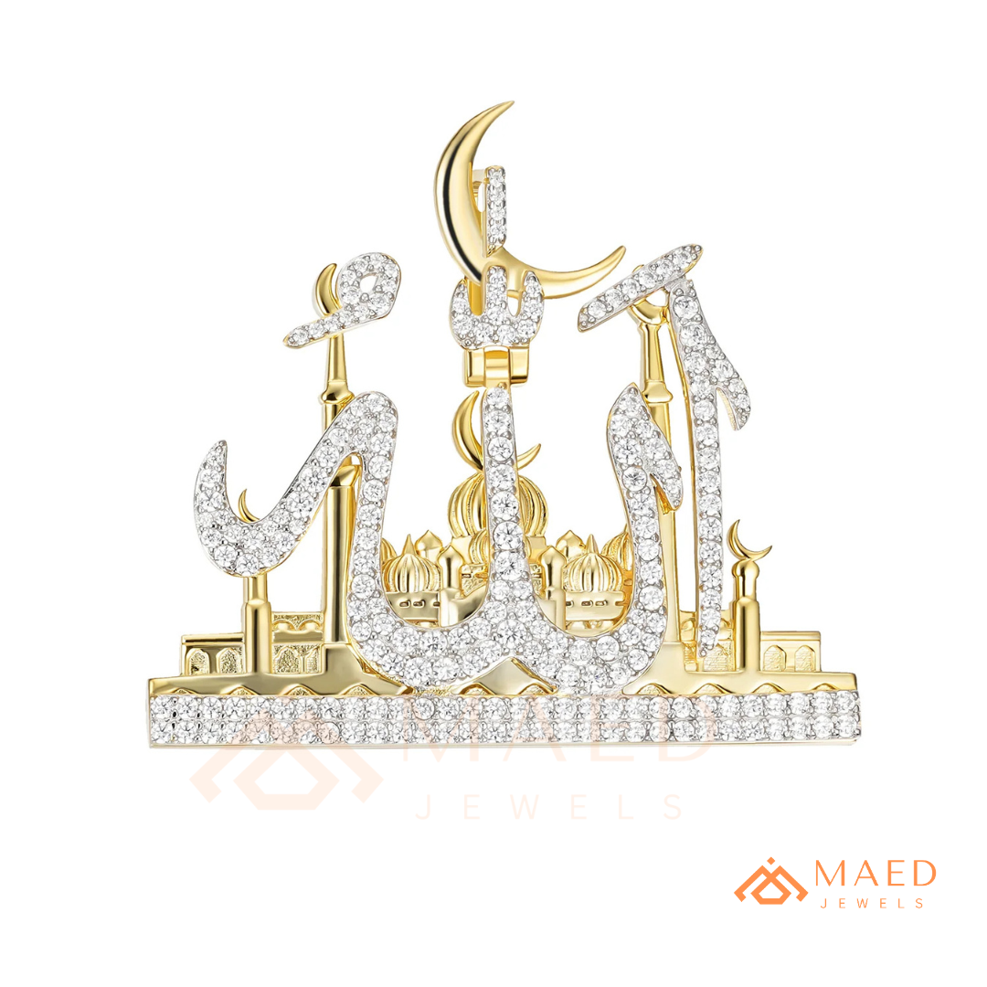 Islamic Allah Calligraphy Mosque Pendant Necklace in Sterling Silver & 14K Gold