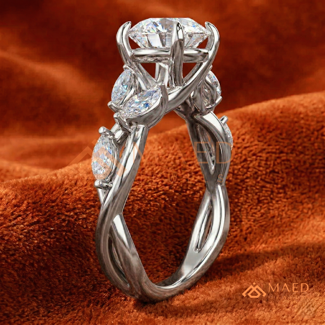 Nature Inspired Round Cut Moissanite Engagement Ring, Marquise Diamond Vine Leaf Wedding Ring in Silver, 14K Gold & Rose Gold