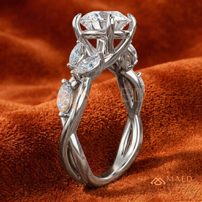 Nature Inspired Round Cut Moissanite Engagement Ring, Marquise Diamond Vine Leaf Wedding Ring in Silver, 14K Gold & Rose Gold