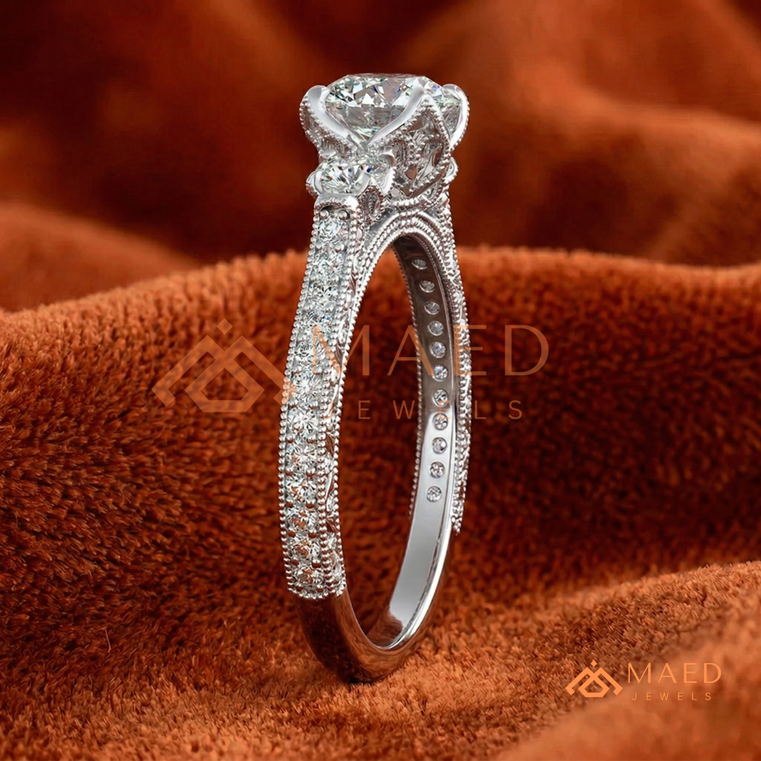 Vintage 3-Stone Round Engagement Ring in 14K Gold, Rose Gold & Silver | Antique Milgrain Pave Moissanite Ring for Women