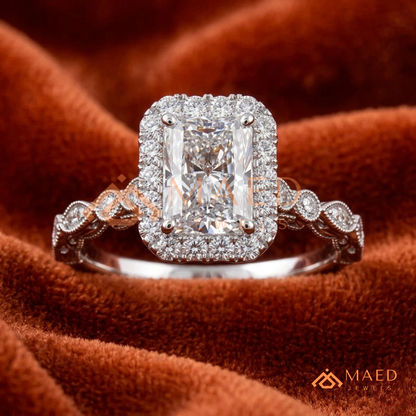 Radiant Halo Vintage-Style Engagement Ring – Ornate Vine Band