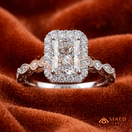 Radiant Halo Vintage-Style Engagement Ring – Ornate Vine Band