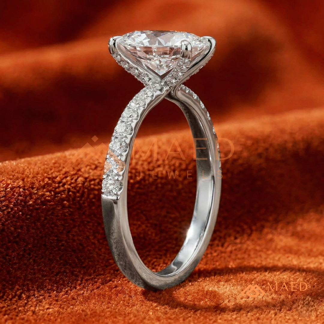 Oval Cut Engagement Ring with Pavé Band in Silver, 14K Gold, & 14K Rose Gold