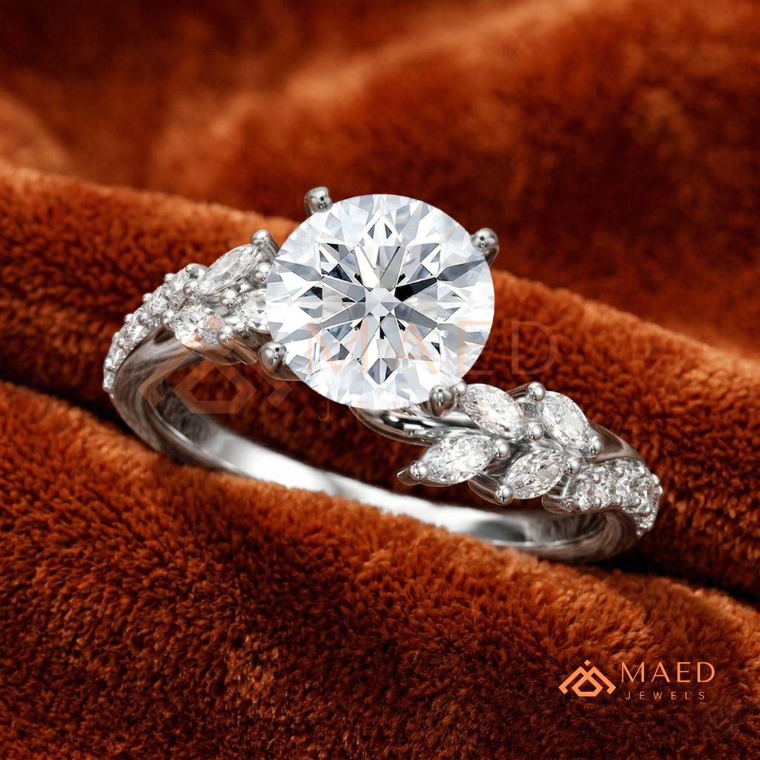 Round Cut Moissanite Nature Inspired Engagement Ring in 925 Sterling Silver, 14K Gold & 14K Rose Gold | Marquise Leaf Cluster Twisting Wedding Ring