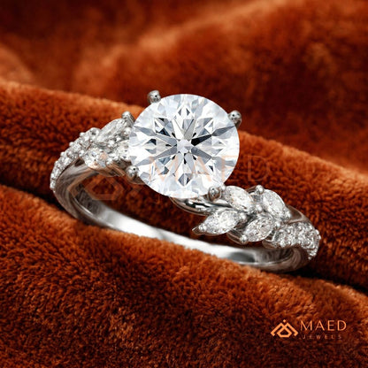 Round Cut Moissanite Nature Inspired Engagement Ring in 925 Sterling Silver, 14K Gold & 14K Rose Gold | Marquise Leaf Cluster Twisting Wedding Ring