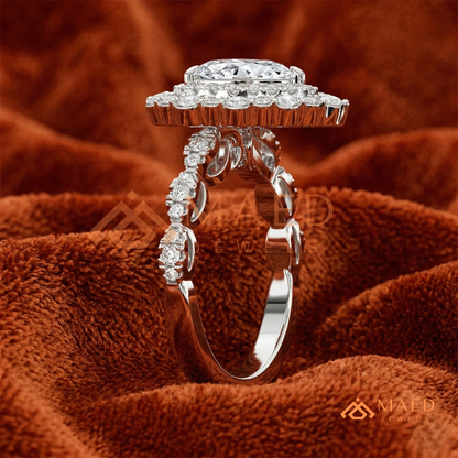 Vintage Pear Shaped Double Halo Engagement Ring with Pave Band in Silver, 14K Gold & Rose Gold