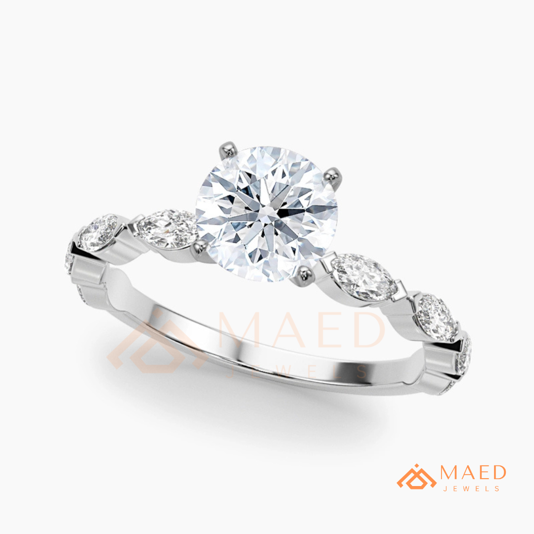 Round Cut Engagement Ring with Marquise Accent Cluster Band in 14K Gold, Rose Gold & Silver